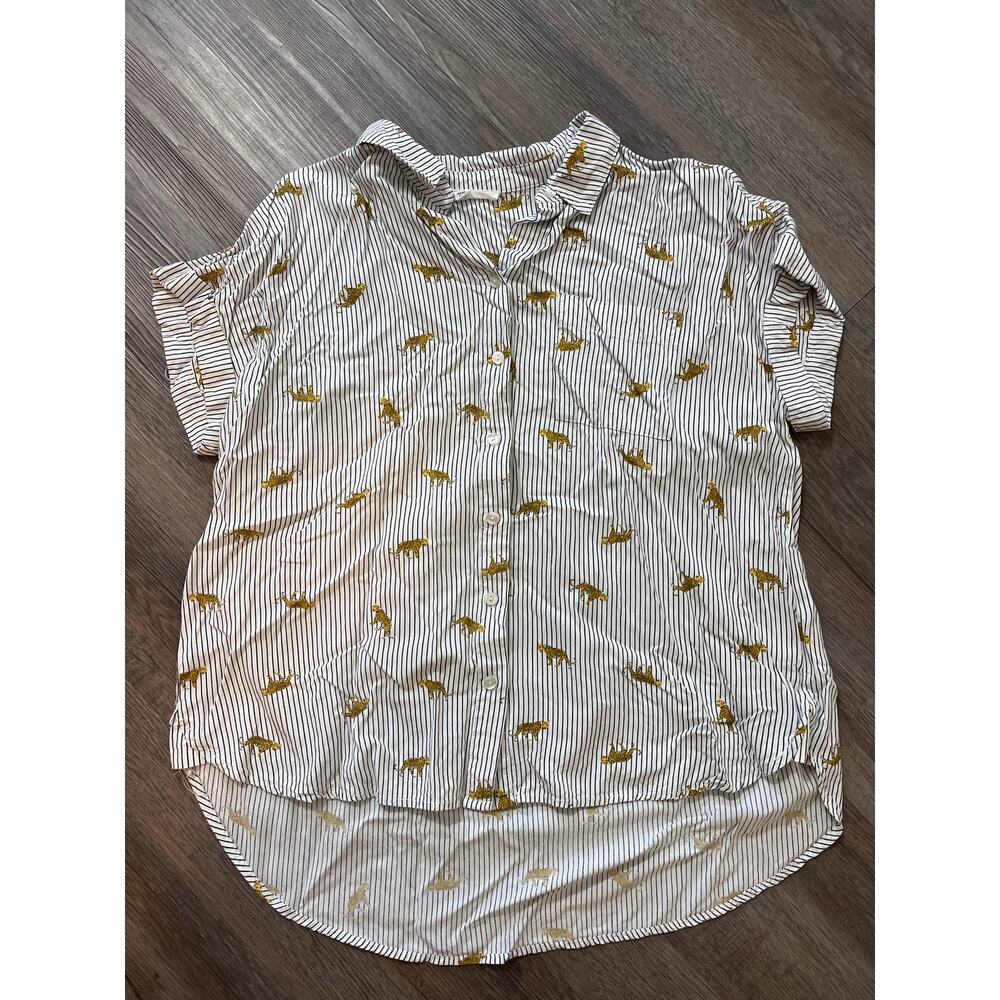 Jane and Delancey White Striped Button-Up Blouse with Mustard Animal Print